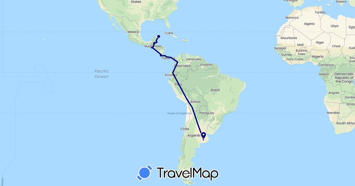 TravelMap itinerary: driving in Argentina, Bolivia, Belize, Colombia, Costa Rica, Ecuador, Guatemala, Mexico, Panama, Peru (North America, South America)